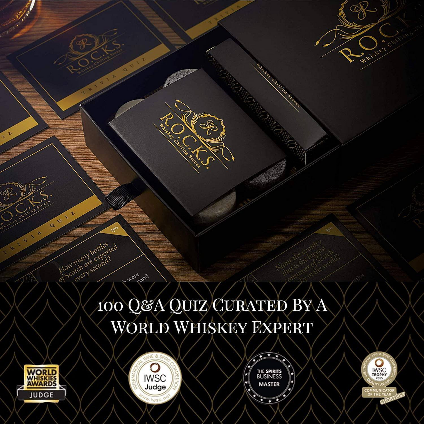 Whiskey Chilling Stones & Whiskey Quiz Gift Set - Ultimate Whiskey Lover's Package