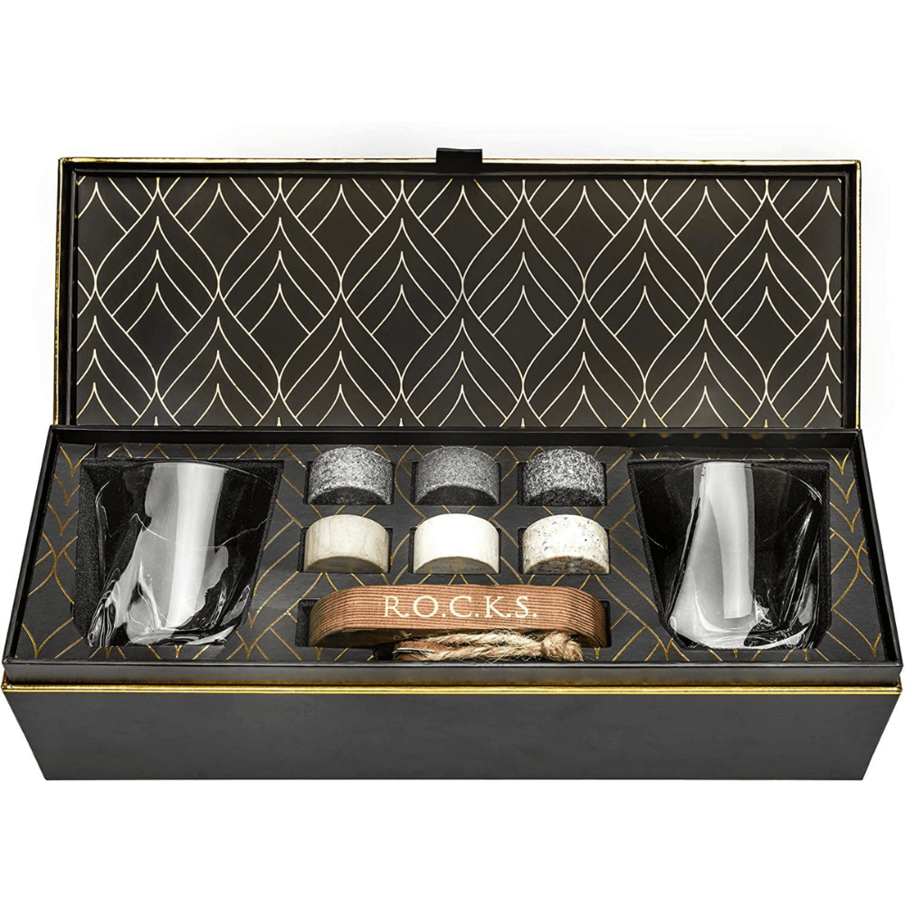 Whiskey Chilling Stones Gift Set With 2 Premium Twist Crystal Glasses - Perfect for Whiskey Lovers