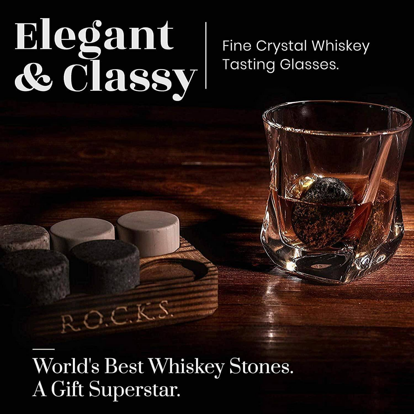 Whiskey Chilling Stones Gift Set With 2 Premium Twist Crystal Glasses - Perfect for Whiskey Lovers