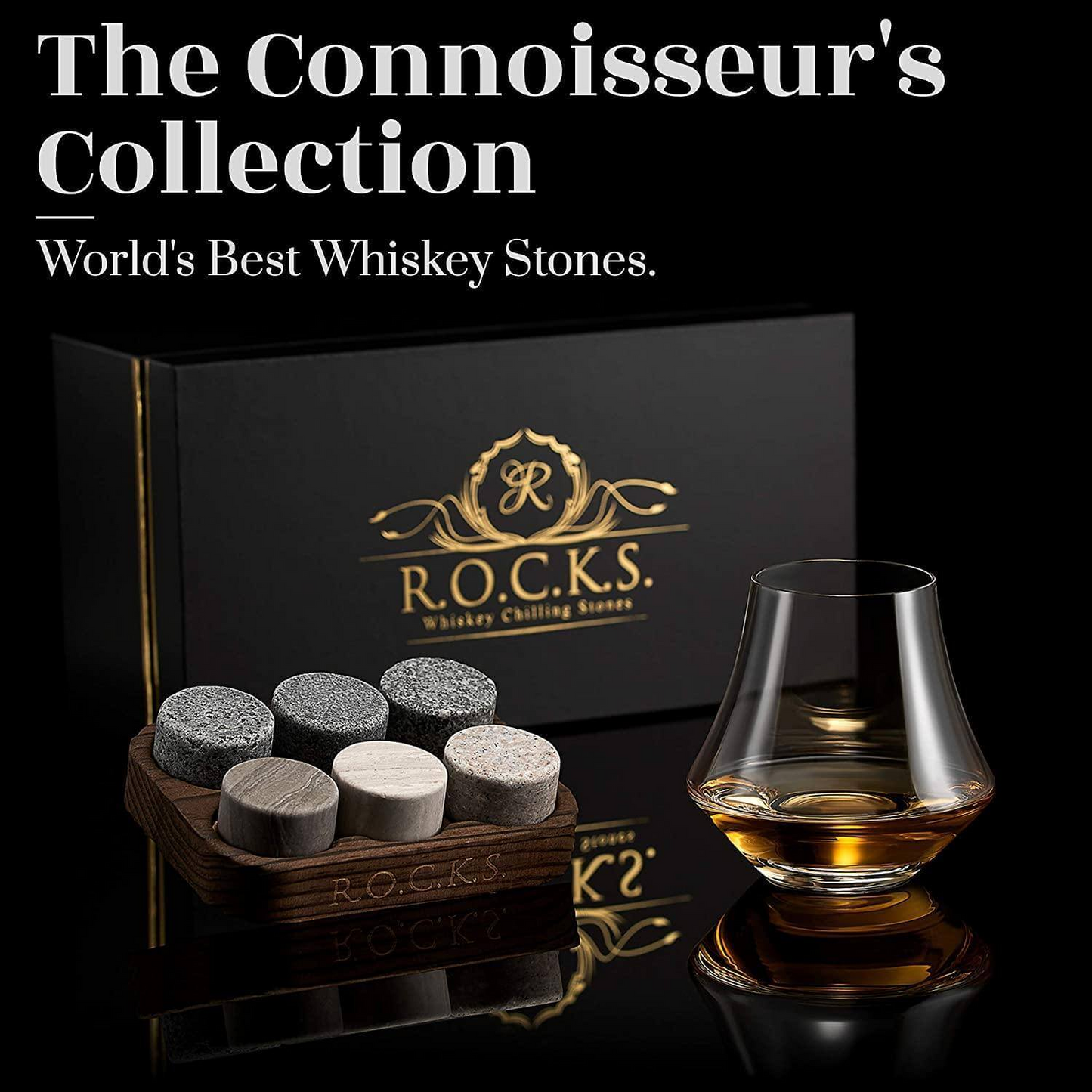 Whiskey Stones & Crystal Nosing Tasting Glass Gift Set - Handcrafted Granite Chilling Stones & Premium Crystal Glass