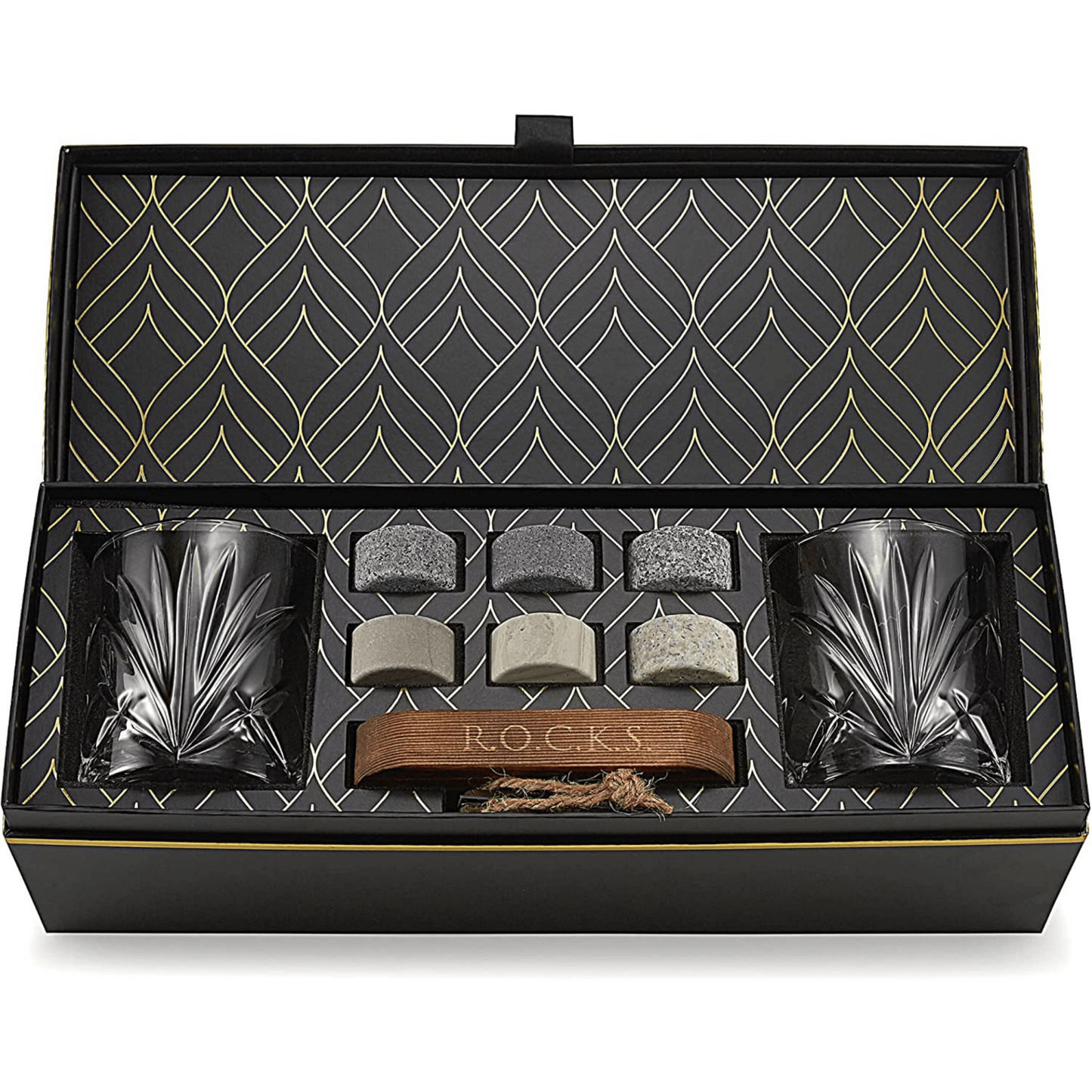 Luxury Whiskey Chilling Stones Gift Set with 2 Palm Crystal Glasses – Perfect for Connoisseurs