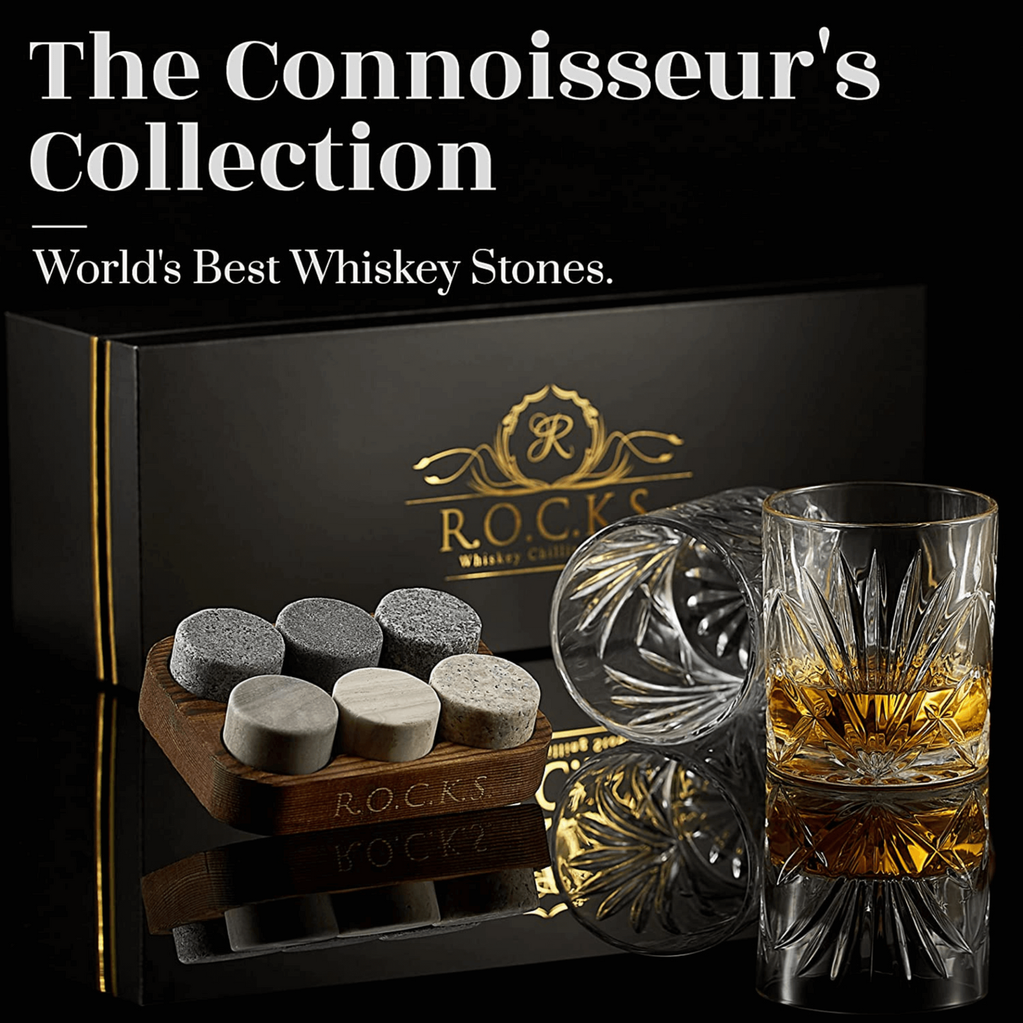 Luxury Whiskey Chilling Stones Gift Set with 2 Palm Crystal Glasses – Perfect for Connoisseurs