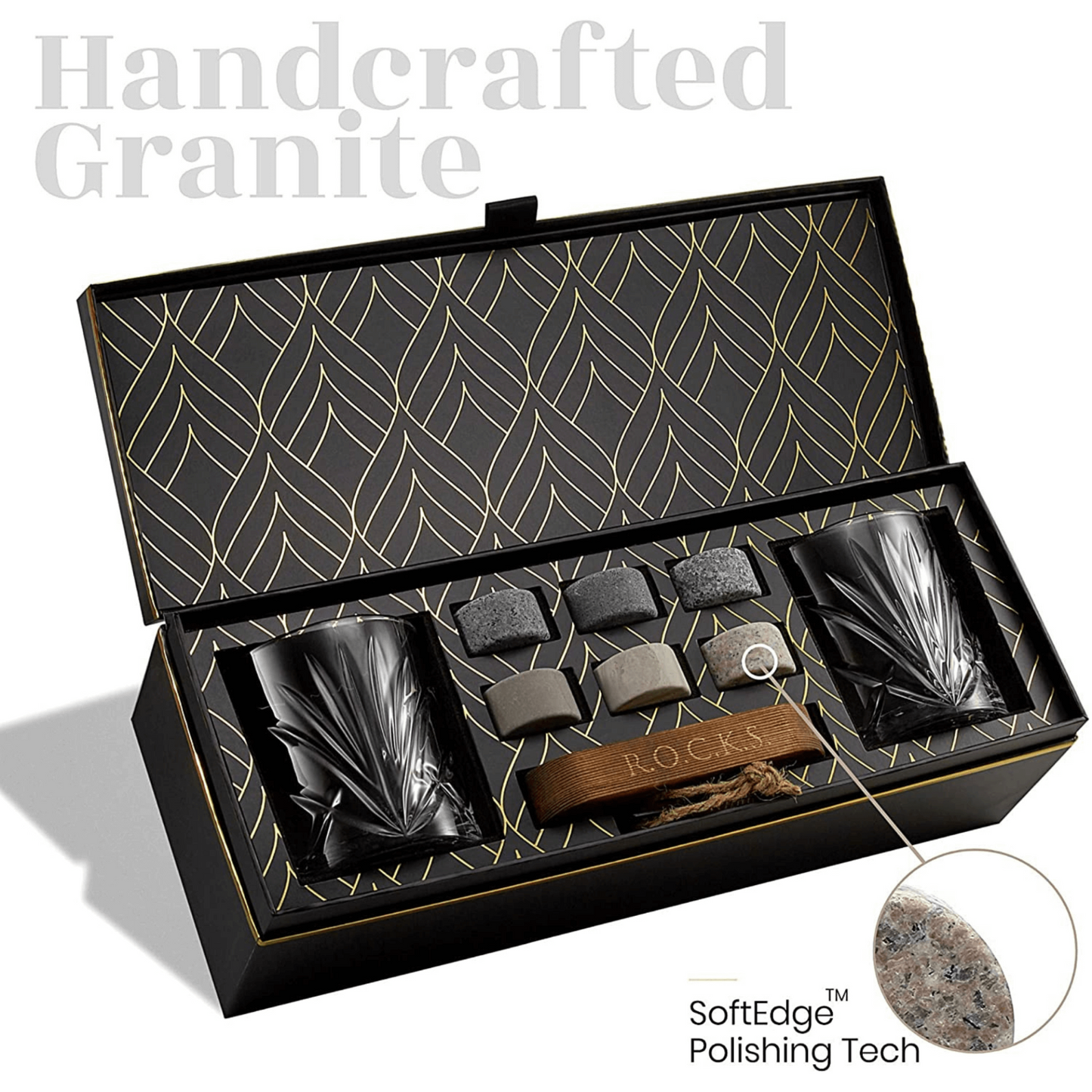 Luxury Whiskey Chilling Stones Gift Set with 2 Palm Crystal Glasses – Perfect for Connoisseurs