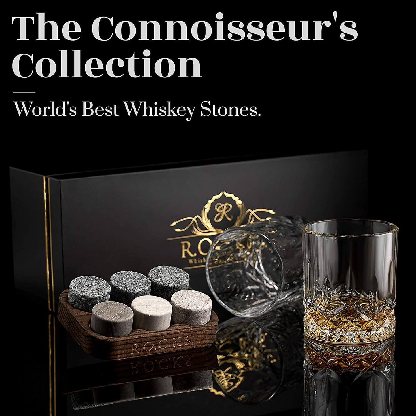 Premium Whiskey Chilling Stones Gift Set with 2 Crystal Glasses - Perfect for Whiskey Lovers