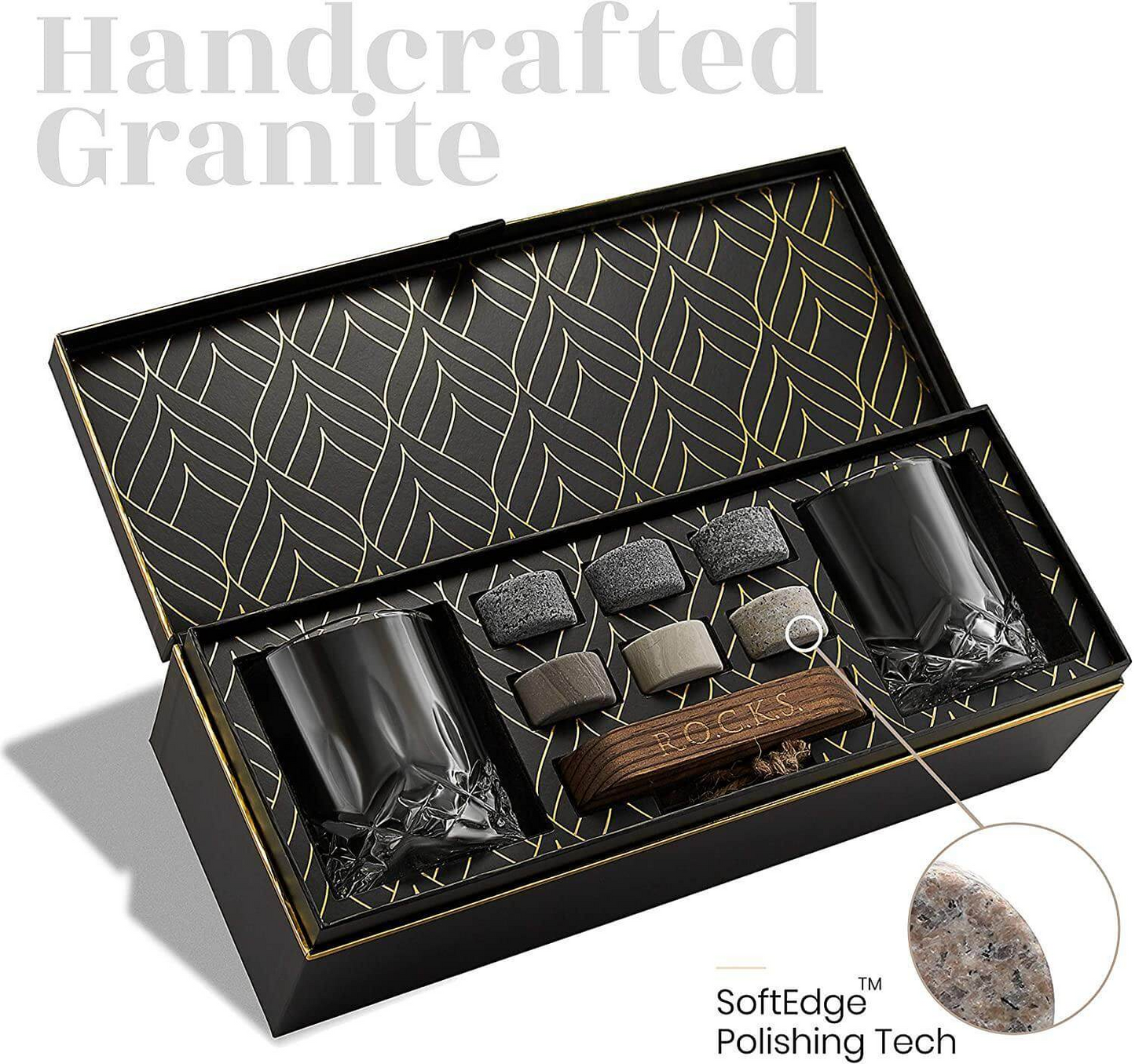 Premium Whiskey Chilling Stones Gift Set with 2 Crystal Glasses - Perfect for Whiskey Lovers