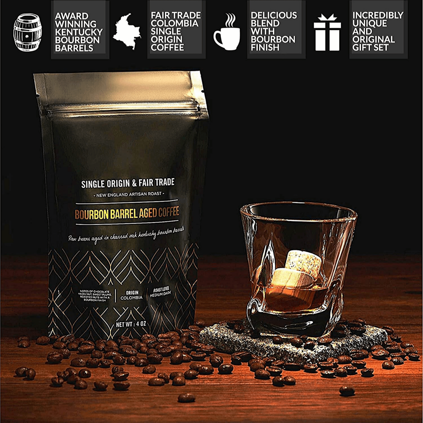 Whiskey Stones & Kentucky Bourbon Barrel Aged Coffee Tasting Gift Set - Perfect for Whiskey and Coffee Lovers