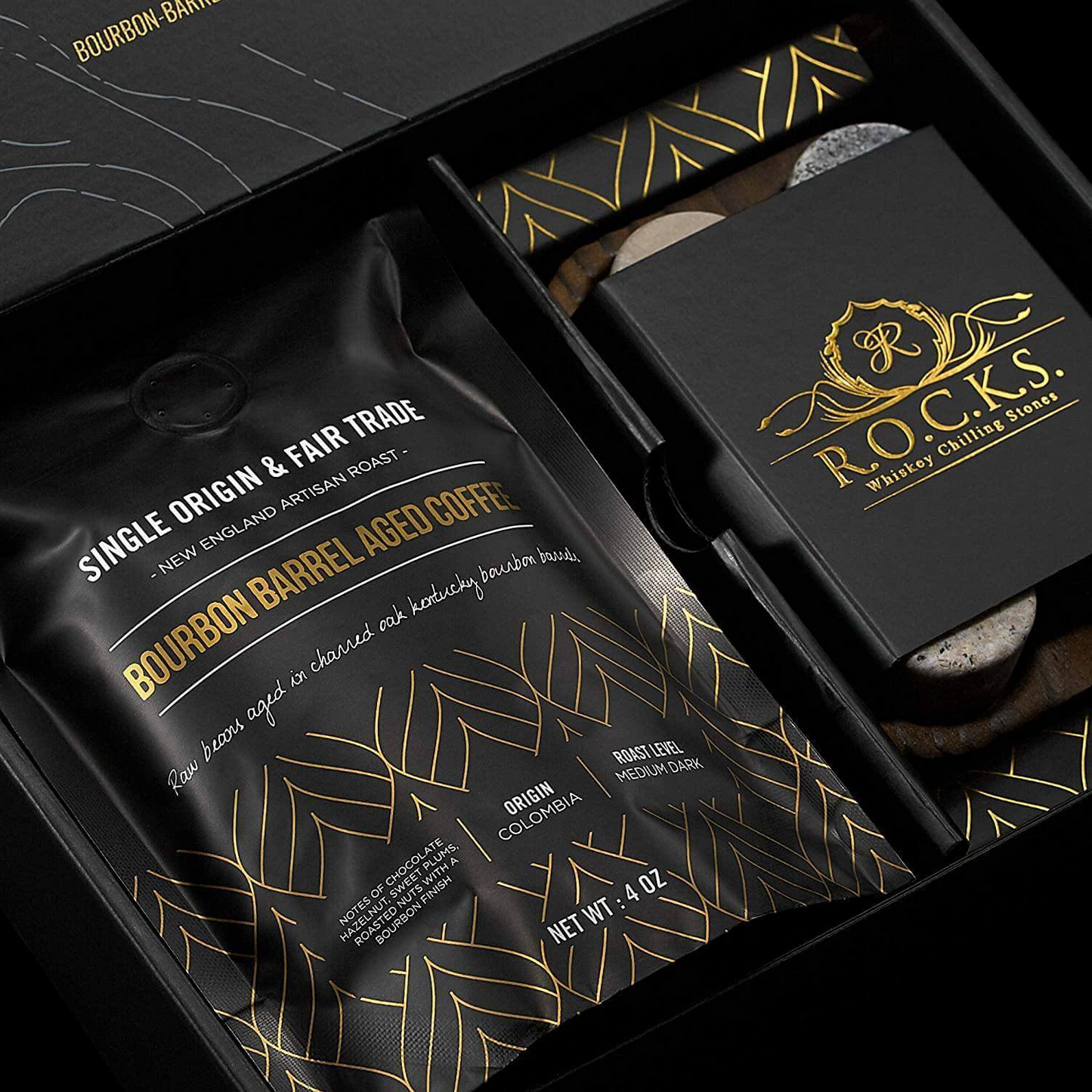 Whiskey Stones & Kentucky Bourbon Barrel Aged Coffee Tasting Gift Set - Perfect for Whiskey and Coffee Lovers