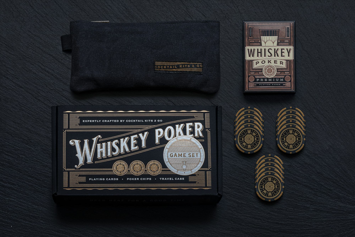 Whiskey Poker Game Set - Premium Travel Pack with Poker Chips and Whiskey Poker Cards