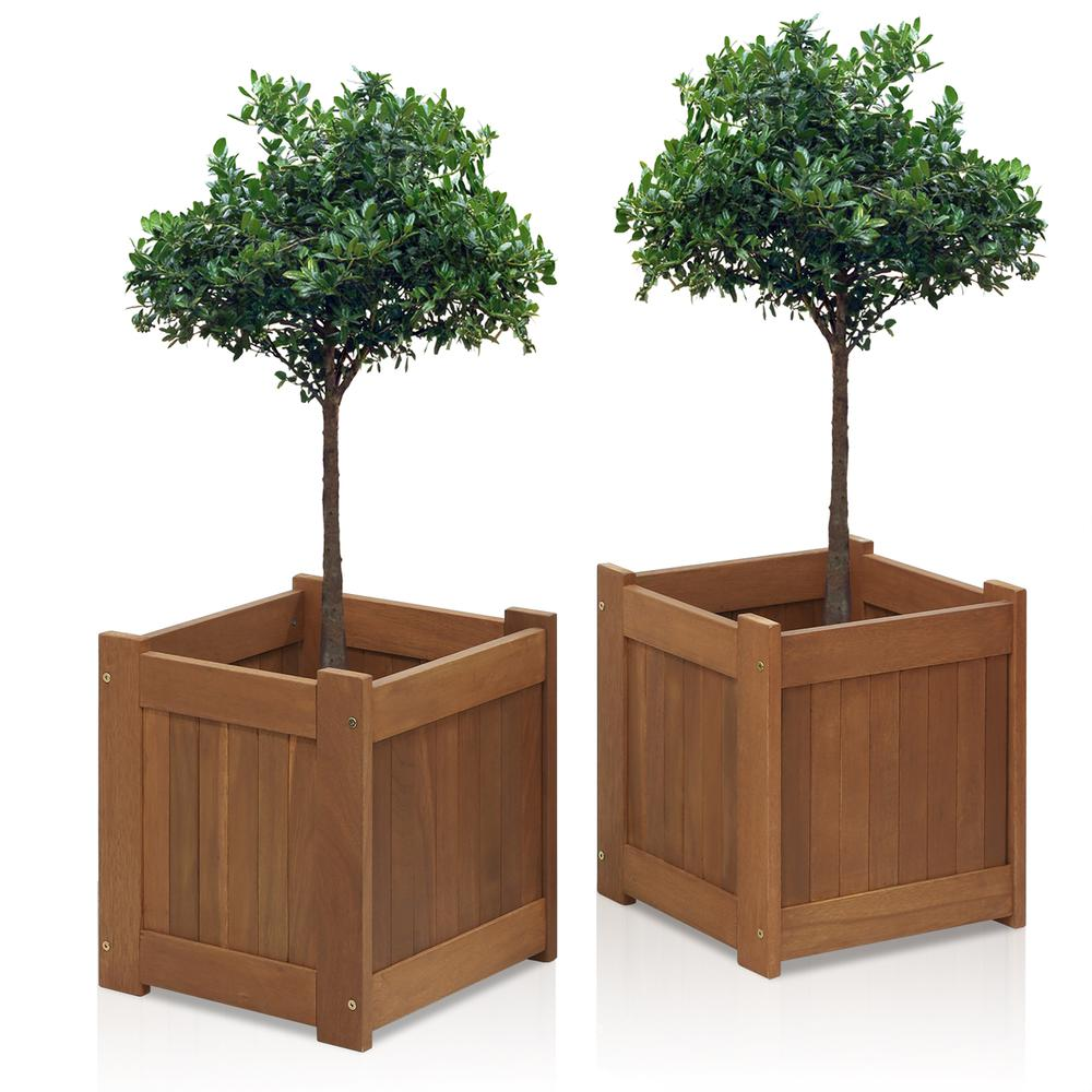 Furinno Tioman Hardwood Flower Box in Teak Oil - Pack of 2 | Ideal for Patio & Garden