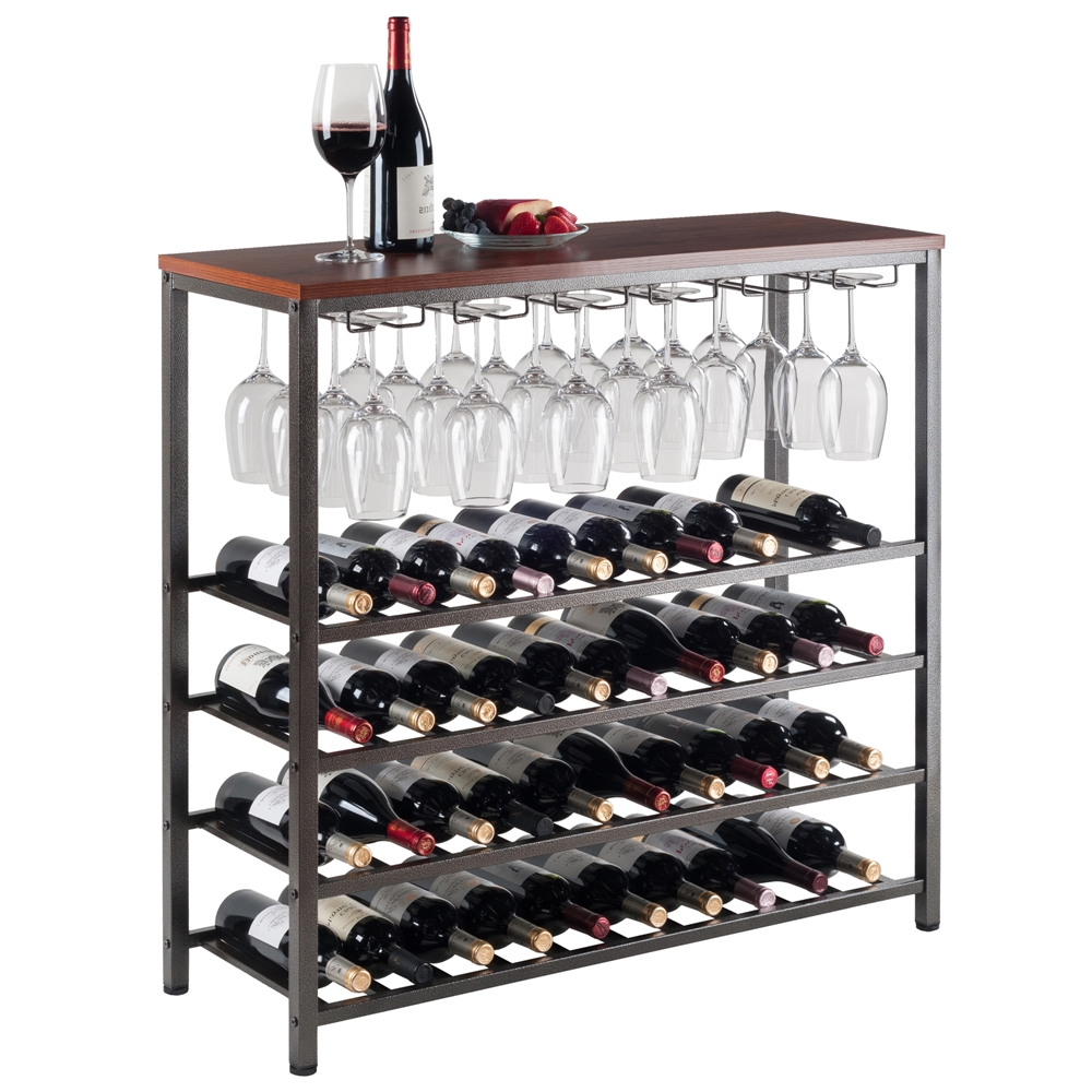 Michelle Wine Rack with Glass Hanger - Antique Bronze & Walnut Finish, Holds 40 Bottles & 24 Glasses