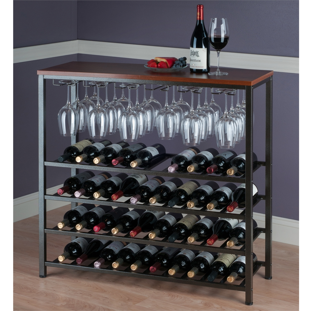 Michelle Wine Rack with Glass Hanger - Antique Bronze & Walnut Finish, Holds 40 Bottles & 24 Glasses