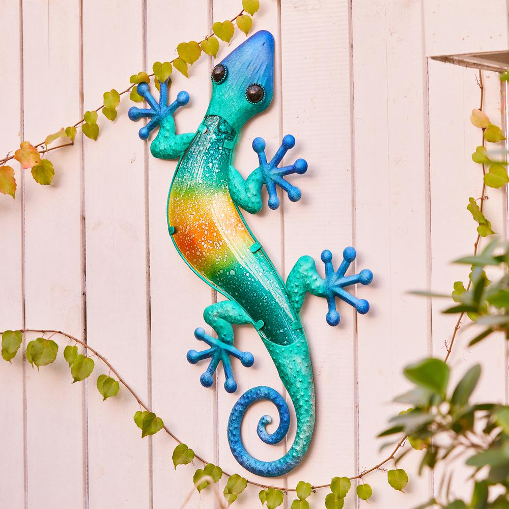 LuxenHome 24-Inch Blue Gecko Lizard Metal & Glass Outdoor Wall Decor - Vibrant & Durable