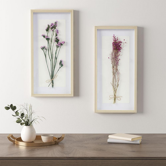 Dried Flower 2-piece Shadow Box Wall Decor Set - Natural Wood Frame, Real Sundried Flowers