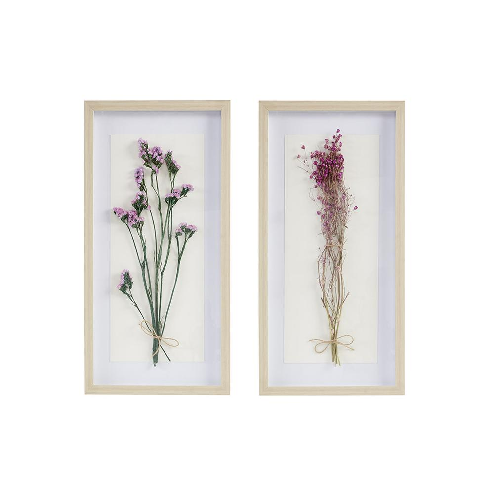 Dried Flower 2-piece Shadow Box Wall Decor Set - Natural Wood Frame, Real Sundried Flowers