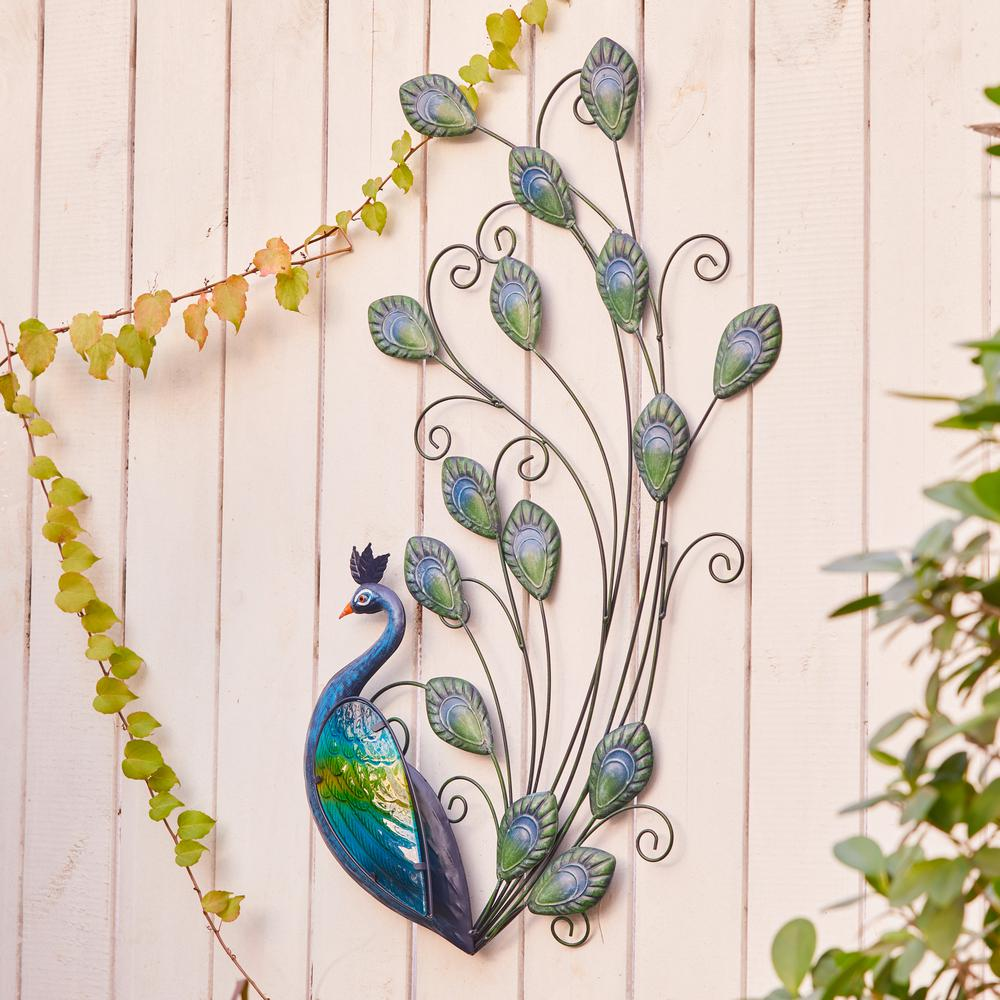 LuxenHome 29.5-Inch Peacock Metal and Glass Outdoor Wall Decor - Stunning Blue and Green Handcrafted Art