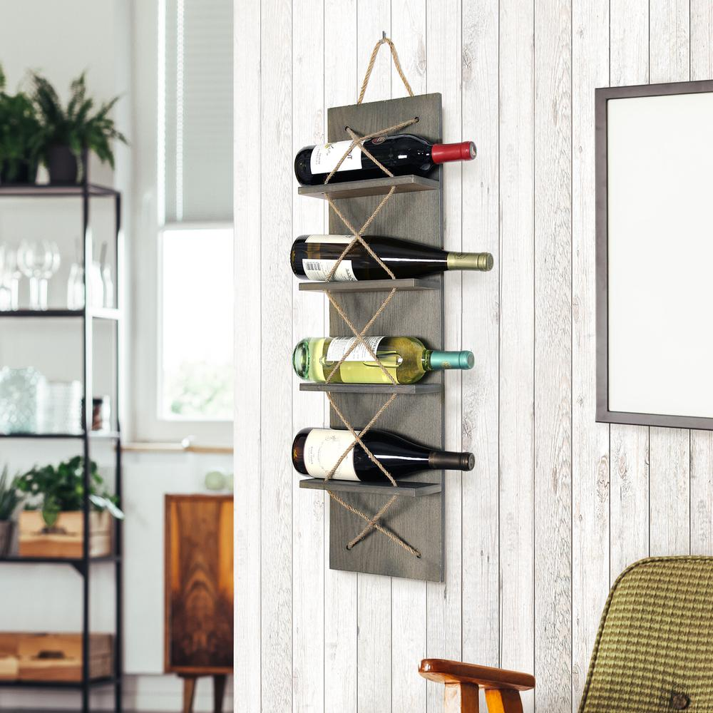 Positano Nautical Rope 4 Bottle Vertical Wall Mounted Wood Wine Rack - Rustic Gray | Elegant Wine Storage Solution