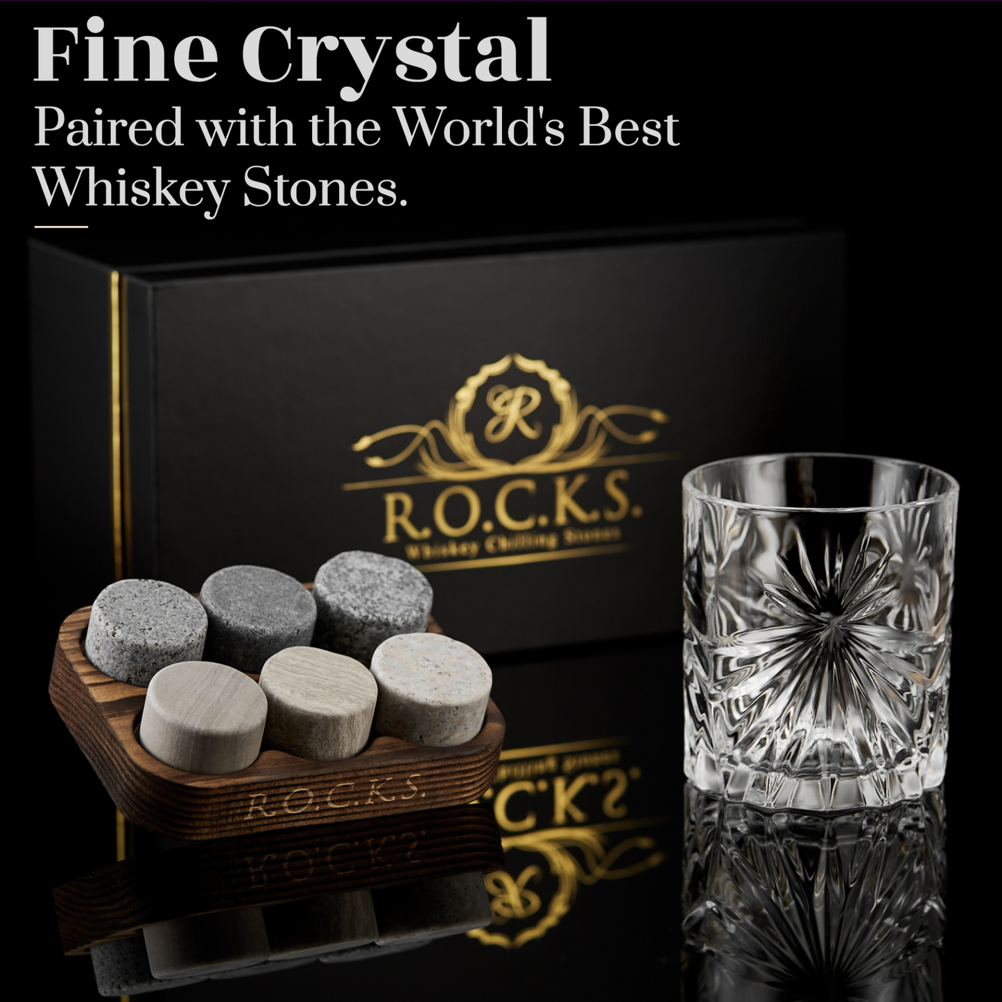 Premium Whiskey Stones & Crystal Glass Gift Set - Soleil Tumbler (11.7oz) - Perfect for Whiskey Lovers