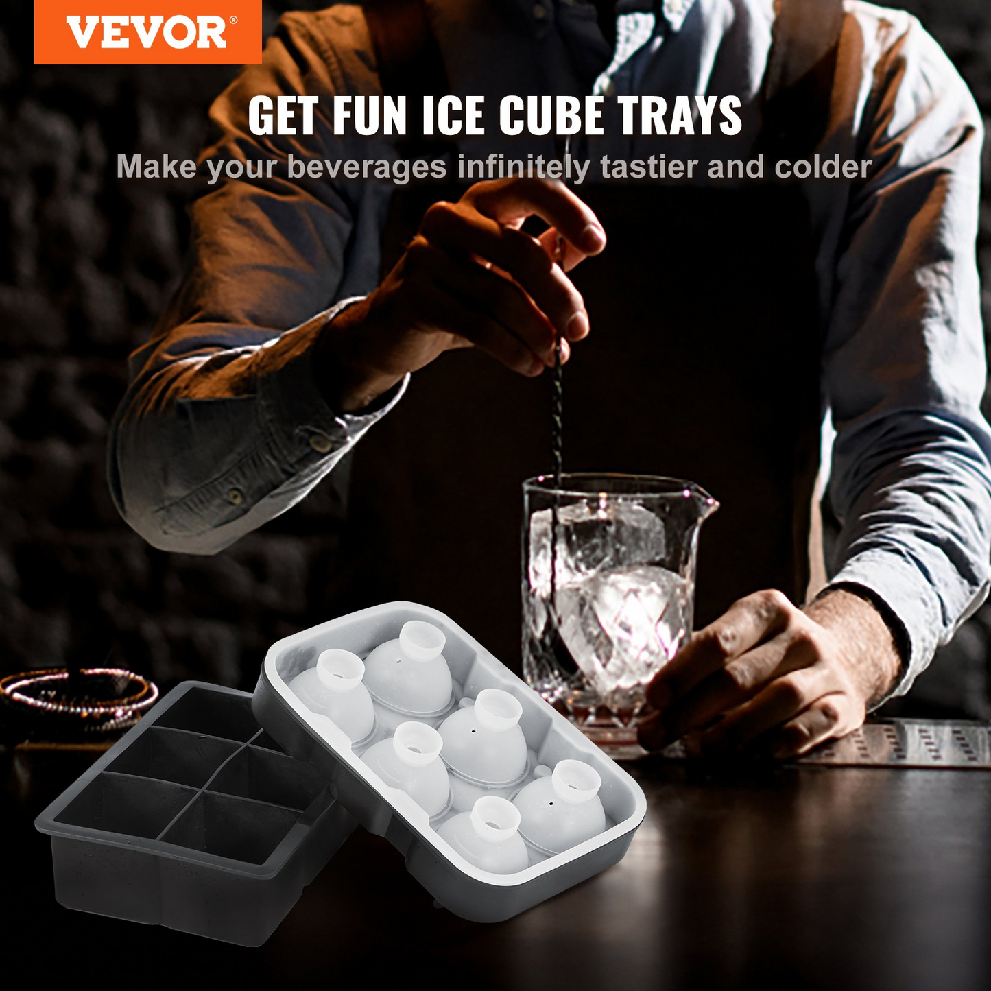 Ice Cube Trays (Set of 2) - 2-in-1 Combo with Silicone Sphere Ice Ball Maker & Large Square Ice Cube Maker with Lid - Reusable Easy Release BPA Free Ice Tray Set for Whiskey Cocktails Bourbon