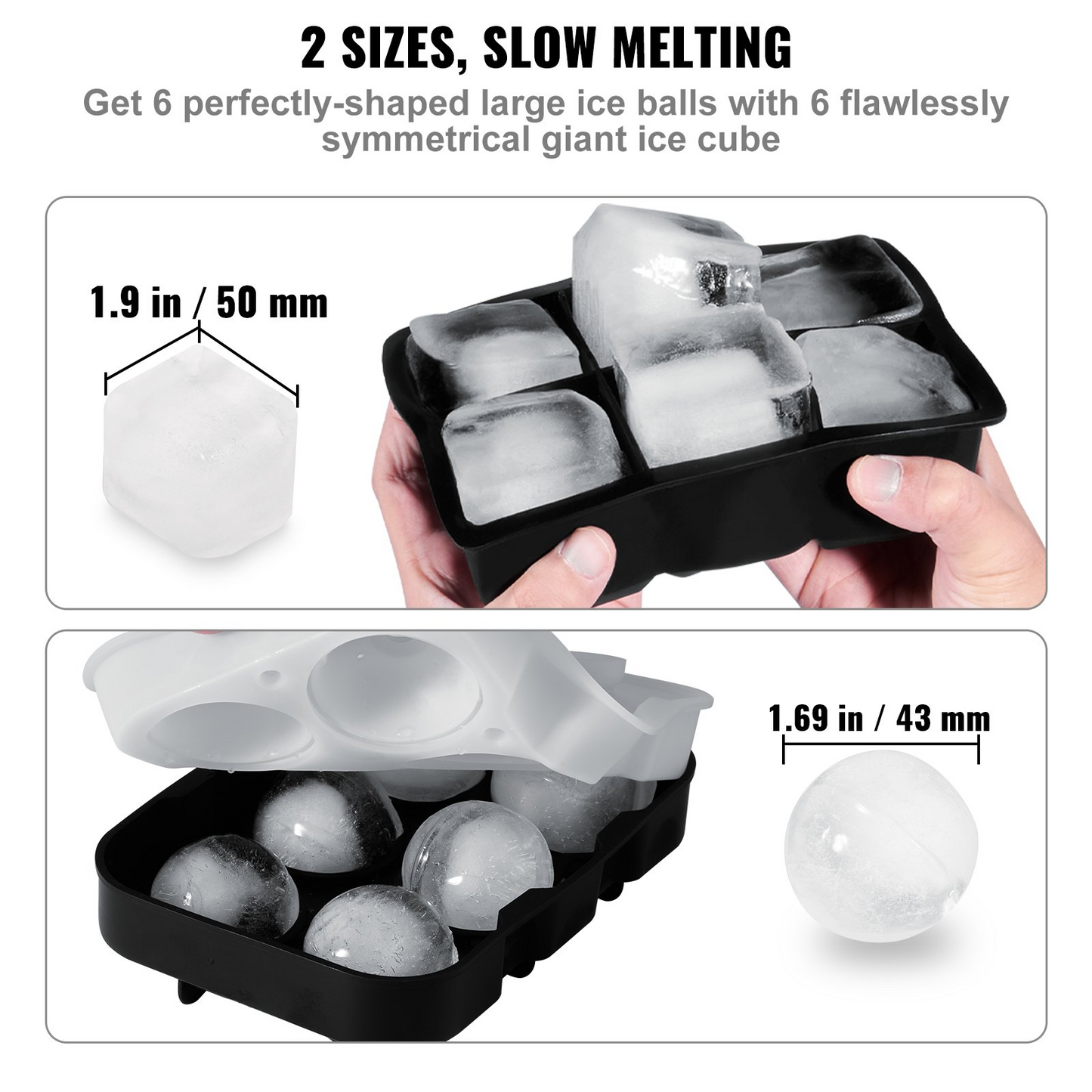 Ice Cube Trays (Set of 2) - 2-in-1 Combo with Silicone Sphere Ice Ball Maker & Large Square Ice Cube Maker with Lid - Reusable Easy Release BPA Free Ice Tray Set for Whiskey Cocktails Bourbon