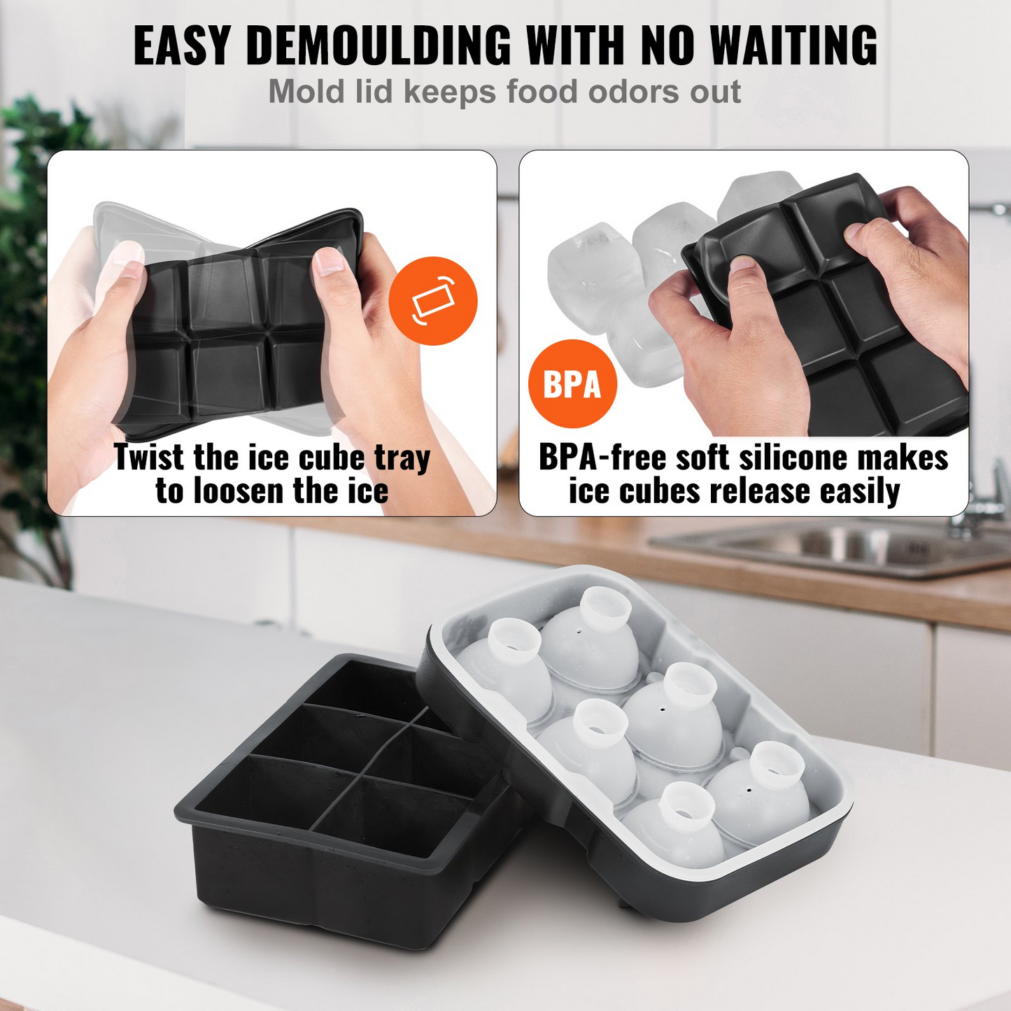 Ice Cube Trays (Set of 2) - 2-in-1 Combo with Silicone Sphere Ice Ball Maker & Large Square Ice Cube Maker with Lid - Reusable Easy Release BPA Free Ice Tray Set for Whiskey Cocktails Bourbon