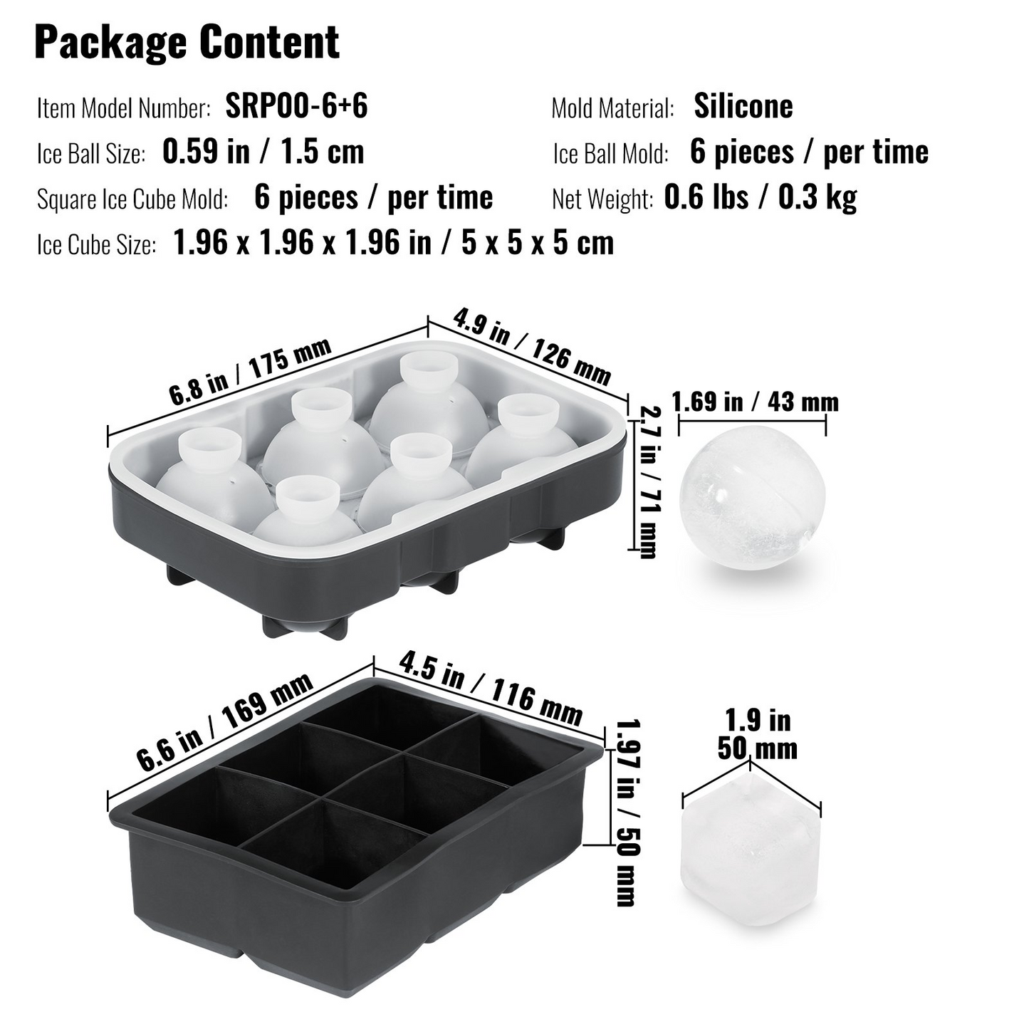 Ice Cube Trays (Set of 2) - 2-in-1 Combo with Silicone Sphere Ice Ball Maker & Large Square Ice Cube Maker with Lid - Reusable Easy Release BPA Free Ice Tray Set for Whiskey Cocktails Bourbon