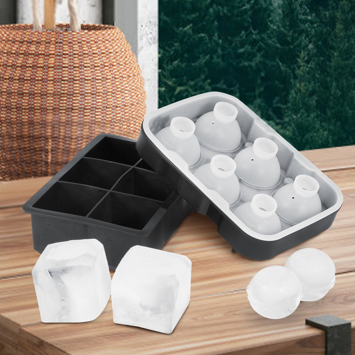 Ice Cube Trays (Set of 2) - 2-in-1 Combo with Silicone Sphere Ice Ball Maker & Large Square Ice Cube Maker with Lid - Reusable Easy Release BPA Free Ice Tray Set for Whiskey Cocktails Bourbon