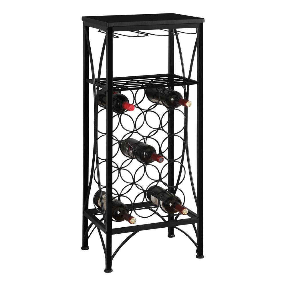 Elegant Home Bar Wine Rack - Black Metal, Transitional Style | Holds 15 Bottles & 6 Glasses