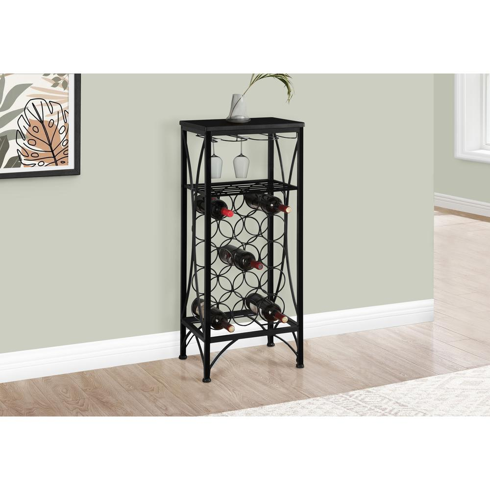 Elegant Home Bar Wine Rack - Black Metal, Transitional Style | Holds 15 Bottles & 6 Glasses