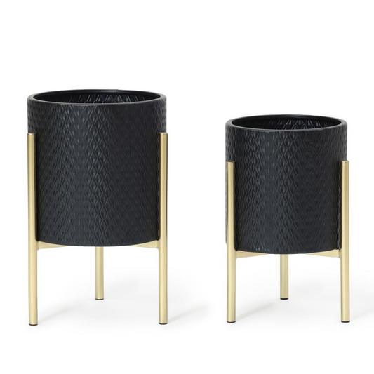 Modern & Stylish 2-Piece Diamond Pattern Round Metal Cachepot Planter Set with Elegant Gold Stands - Black Planters for Sophisticated Decor