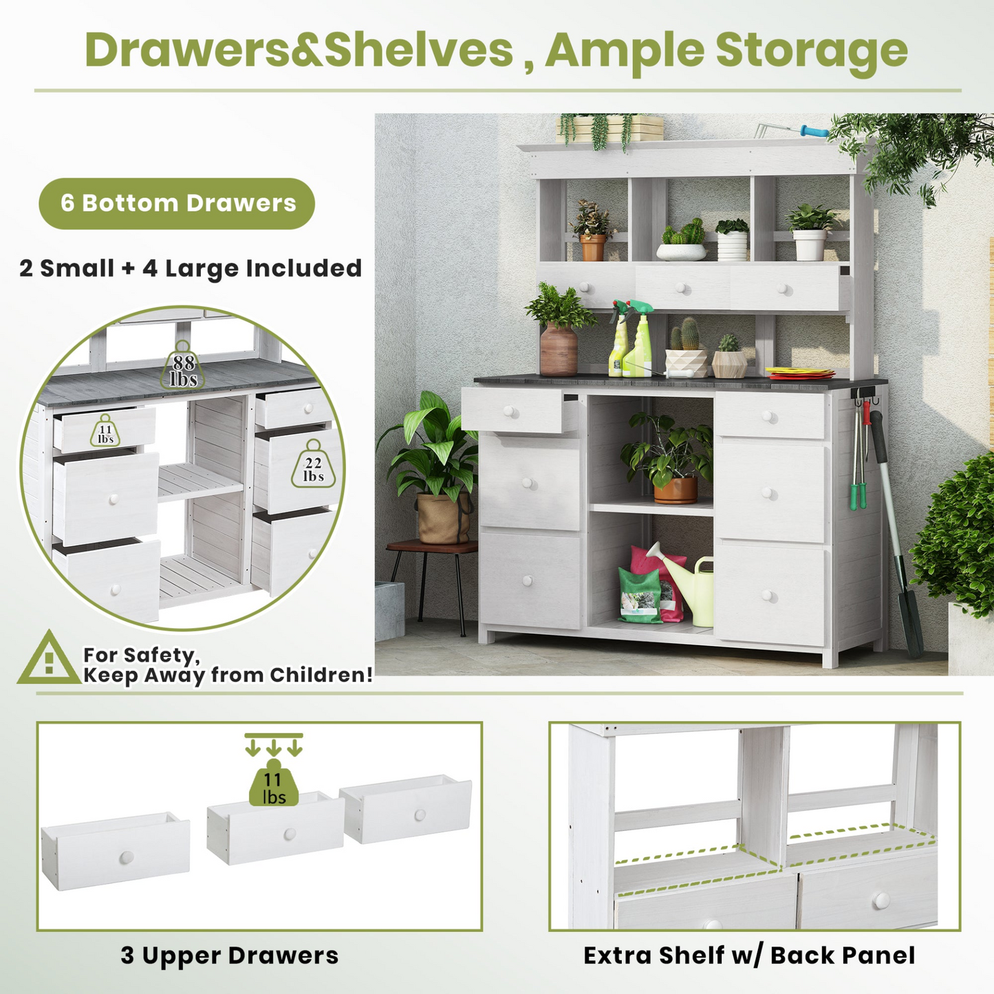 Garden Potting Bench Table with Rustic and Sleek Design, Multiple Drawers & Shelves for Storage, White & Gray