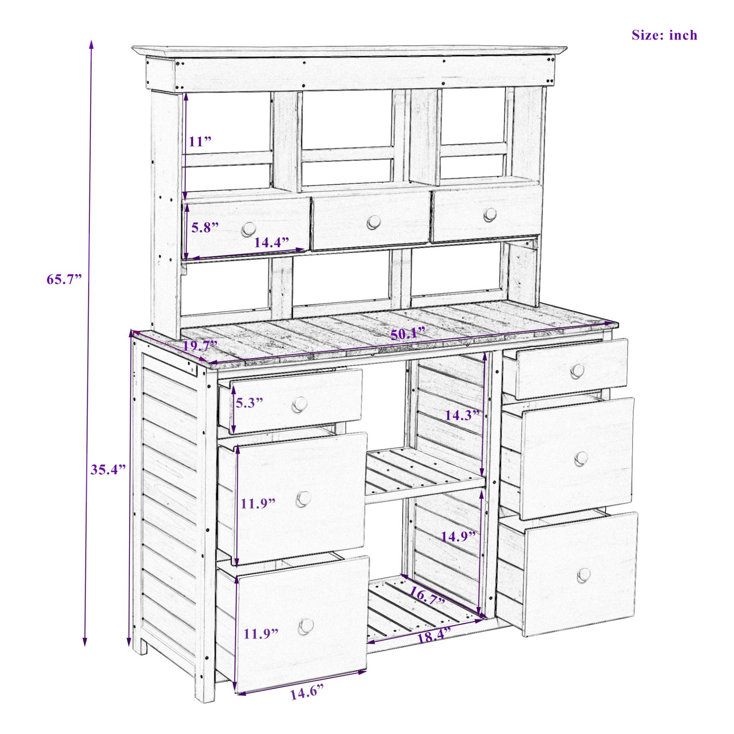 Garden Potting Bench Table with Rustic and Sleek Design, Multiple Drawers & Shelves for Storage, White & Gray