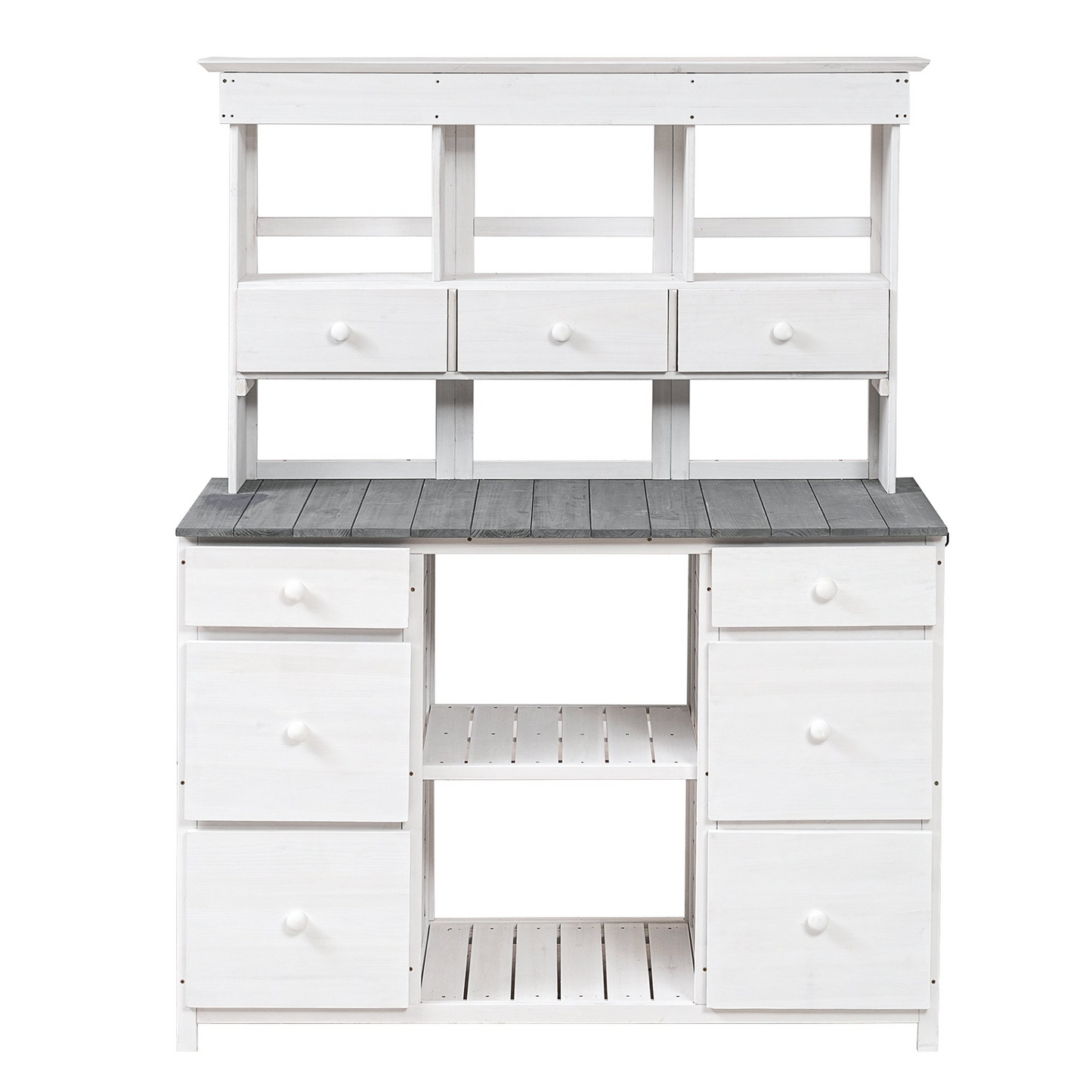 Garden Potting Bench Table with Rustic and Sleek Design, Multiple Drawers & Shelves for Storage, White & Gray