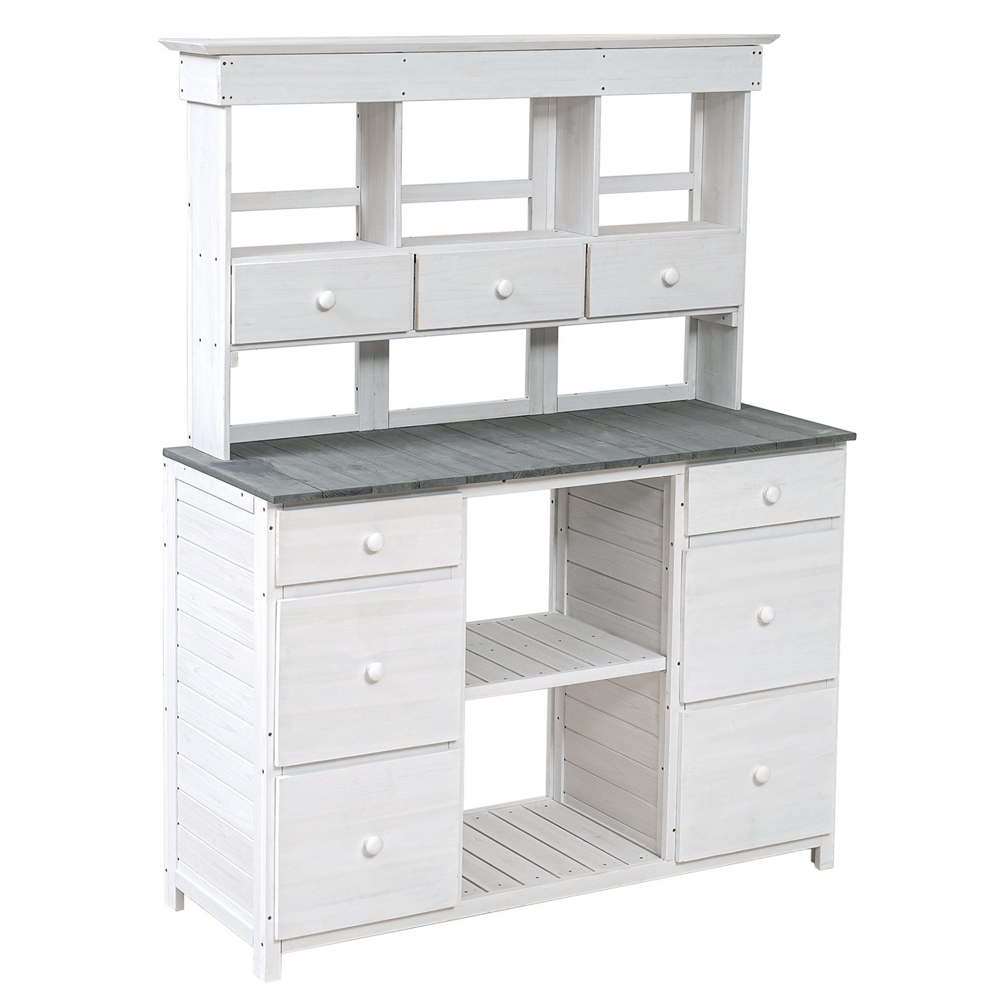 Garden Potting Bench Table with Rustic and Sleek Design, Multiple Drawers & Shelves for Storage, White & Gray