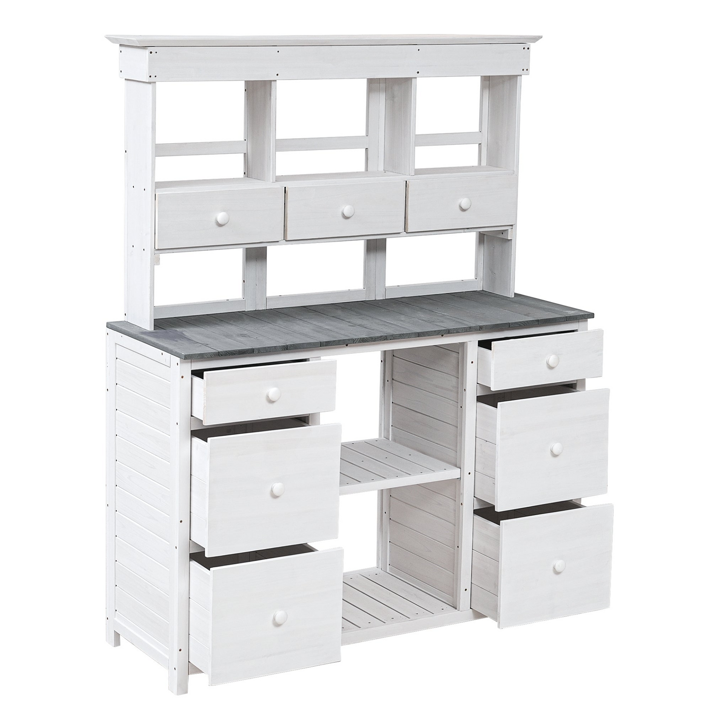 Garden Potting Bench Table with Rustic and Sleek Design, Multiple Drawers & Shelves for Storage, White & Gray