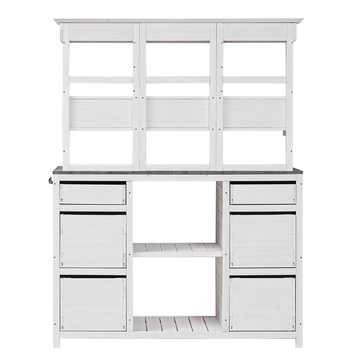 Garden Potting Bench Table with Rustic and Sleek Design, Multiple Drawers & Shelves for Storage, White & Gray