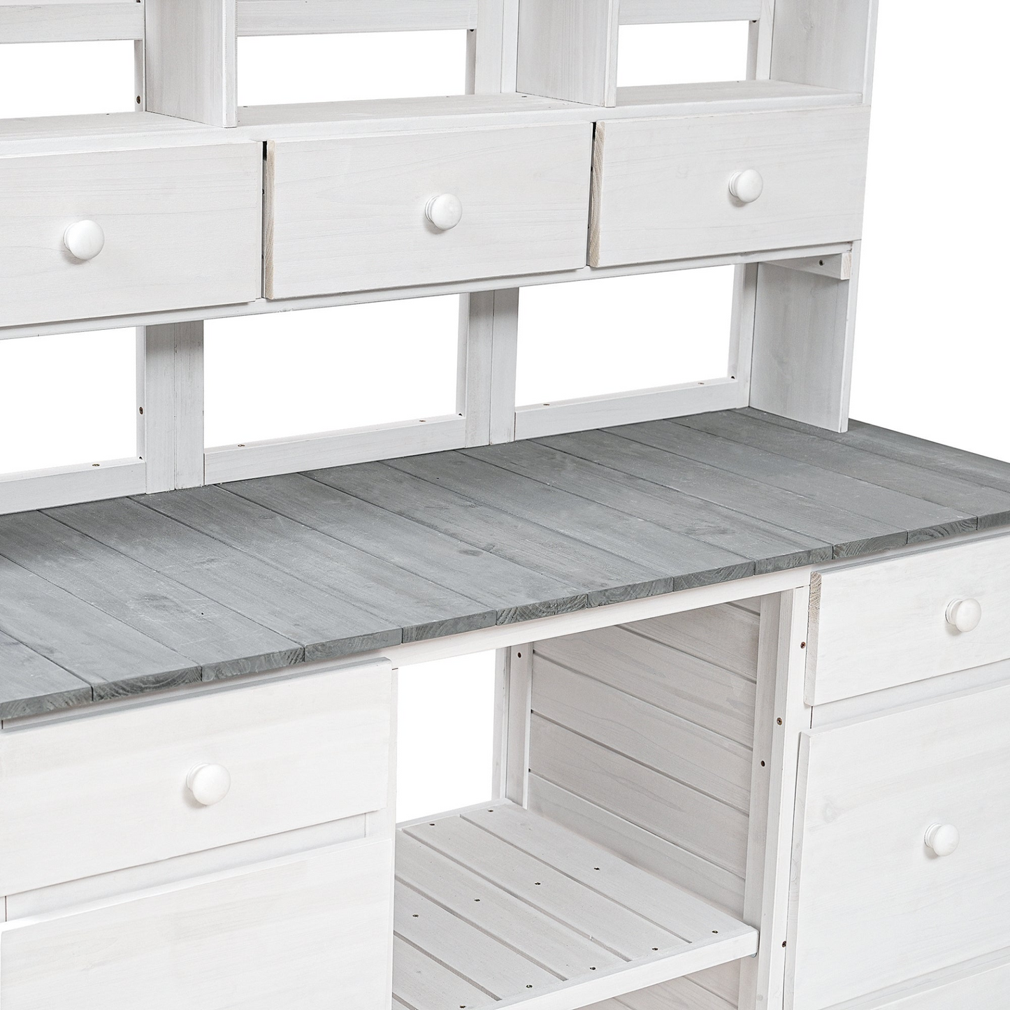 Garden Potting Bench Table with Rustic and Sleek Design, Multiple Drawers & Shelves for Storage, White & Gray