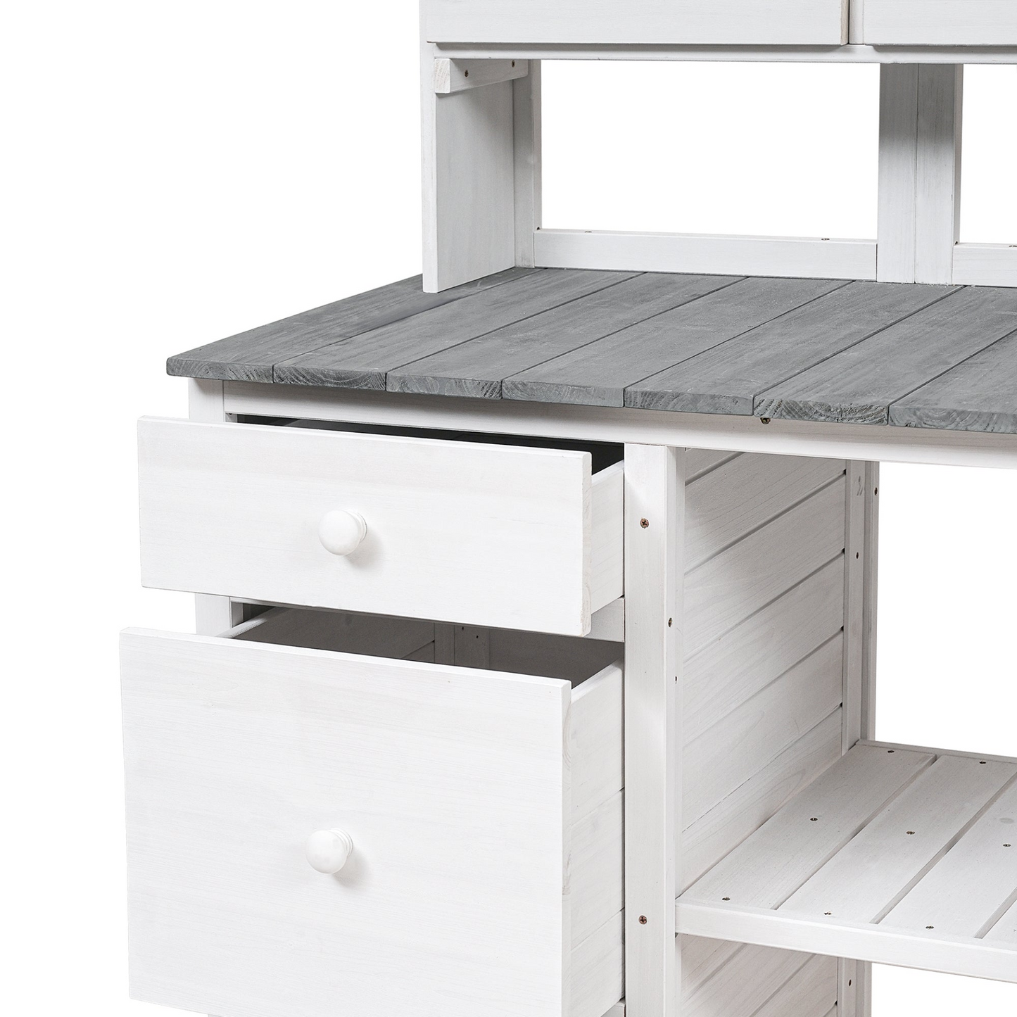 Garden Potting Bench Table with Rustic and Sleek Design, Multiple Drawers & Shelves for Storage, White & Gray