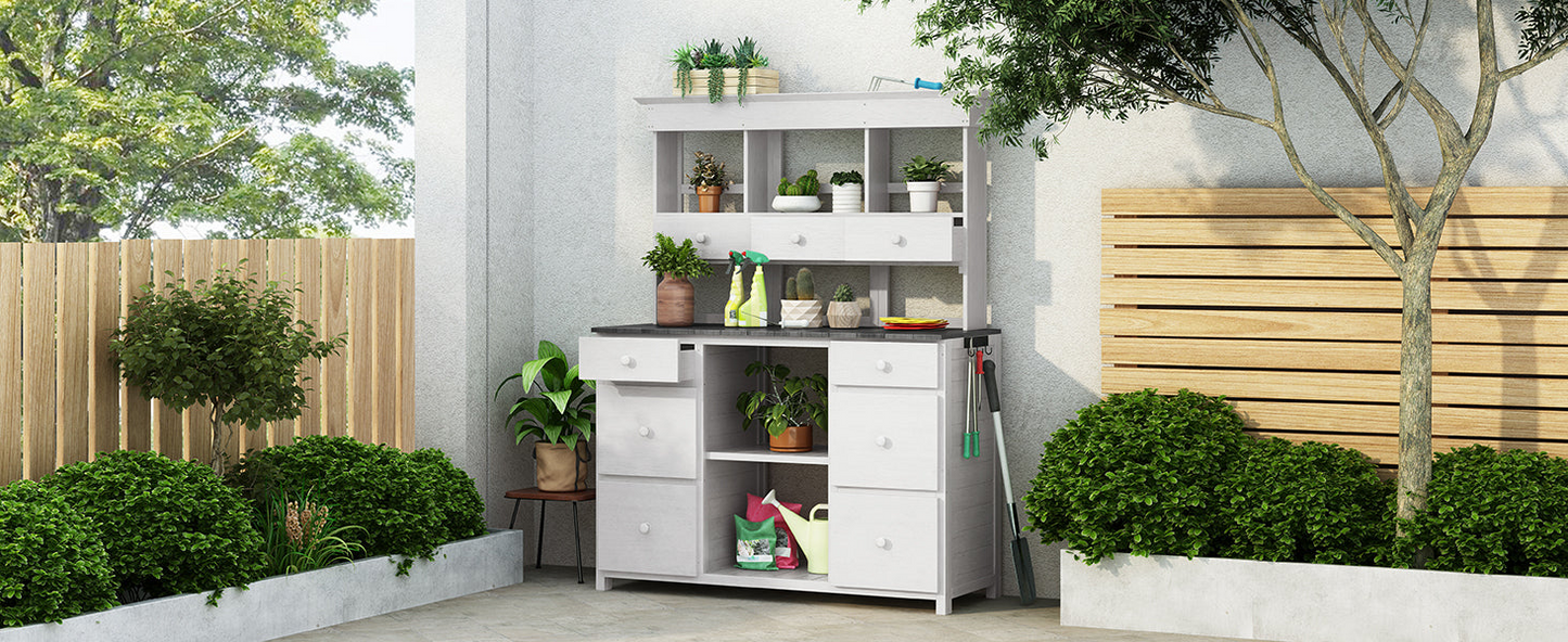 Garden Potting Bench Table with Rustic and Sleek Design, Multiple Drawers & Shelves for Storage, White & Gray