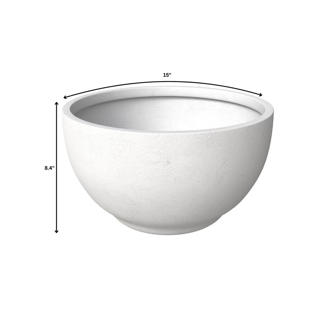 Grove Series Hemisphere Poly Clay Planter in White - 14.9" Dia, 7.8" High | Modern Indoor/Outdoor Round Plant Pot