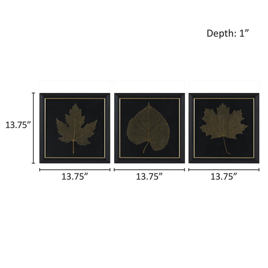 Gold Metallic Leaf Square Framed Graphic Wall Decor 3-Piece Set | Elegant Home Decor