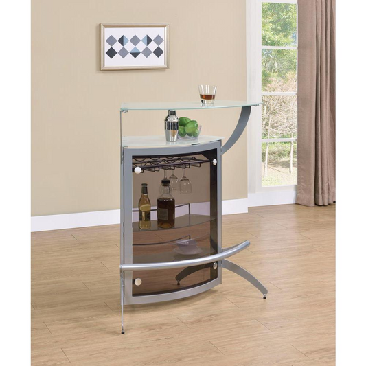 Dallas 2-Shelf Home Bar - Elegant Silver Frame & Frosted Glass