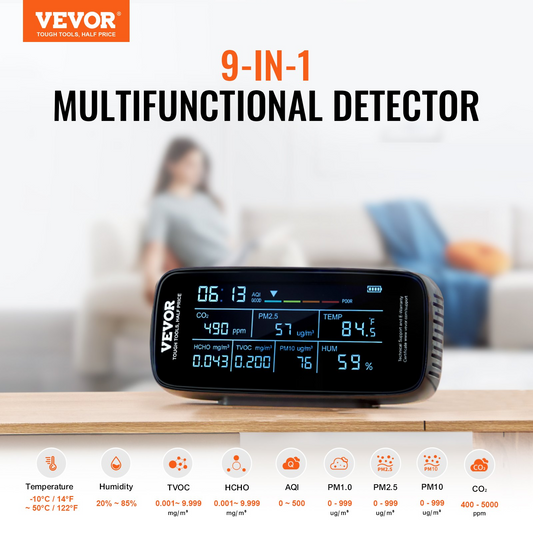 Air Quality Monitor 9-IN-1 | CO2, Temperature, Humidity Tester