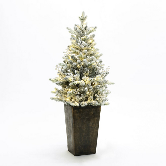 LuxenHome 4Ft Pre-Lit Flocked Artificial Christmas Tree in Tall Rustic Pot - Holiday Decoration