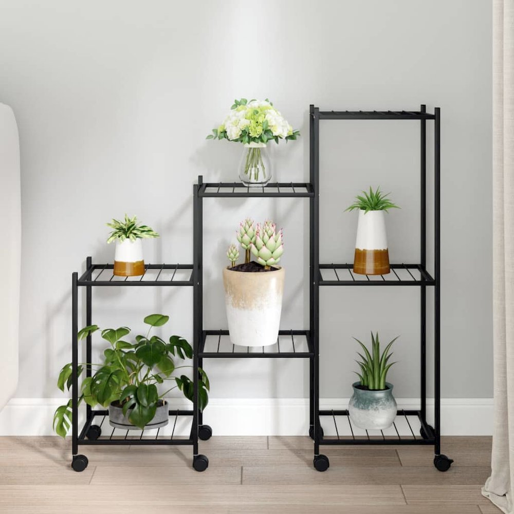 Flower Stand with Wheels 32.7"x9.8"x32.9" Black Iron - Durable Plant Shelf with Sturdy Frame