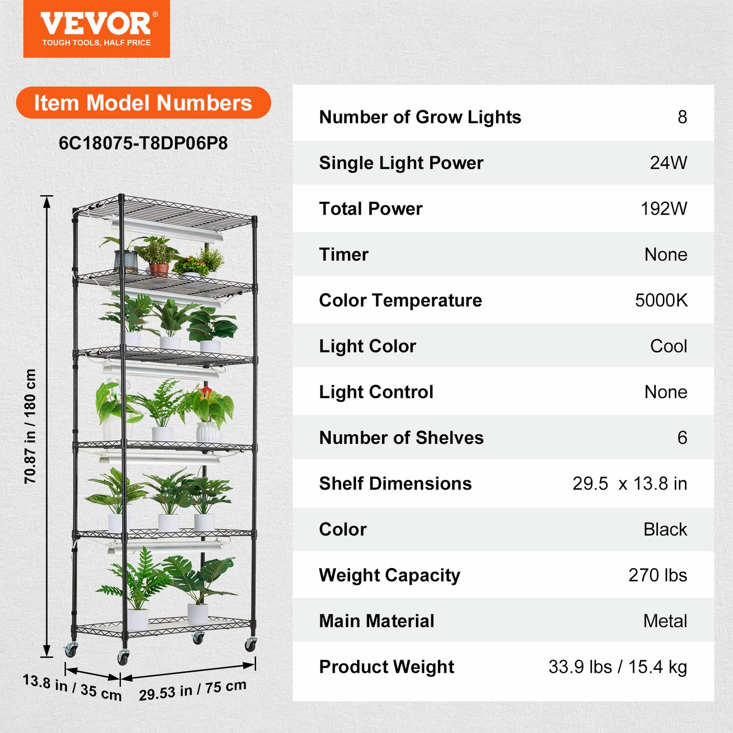 6-Tier DIY Plant Stand with Grow Lights – 192W Indoor Garden Shelf, 70.9" Tall, Adjustable Timer, Heavy Duty Construction for Home Gardeners