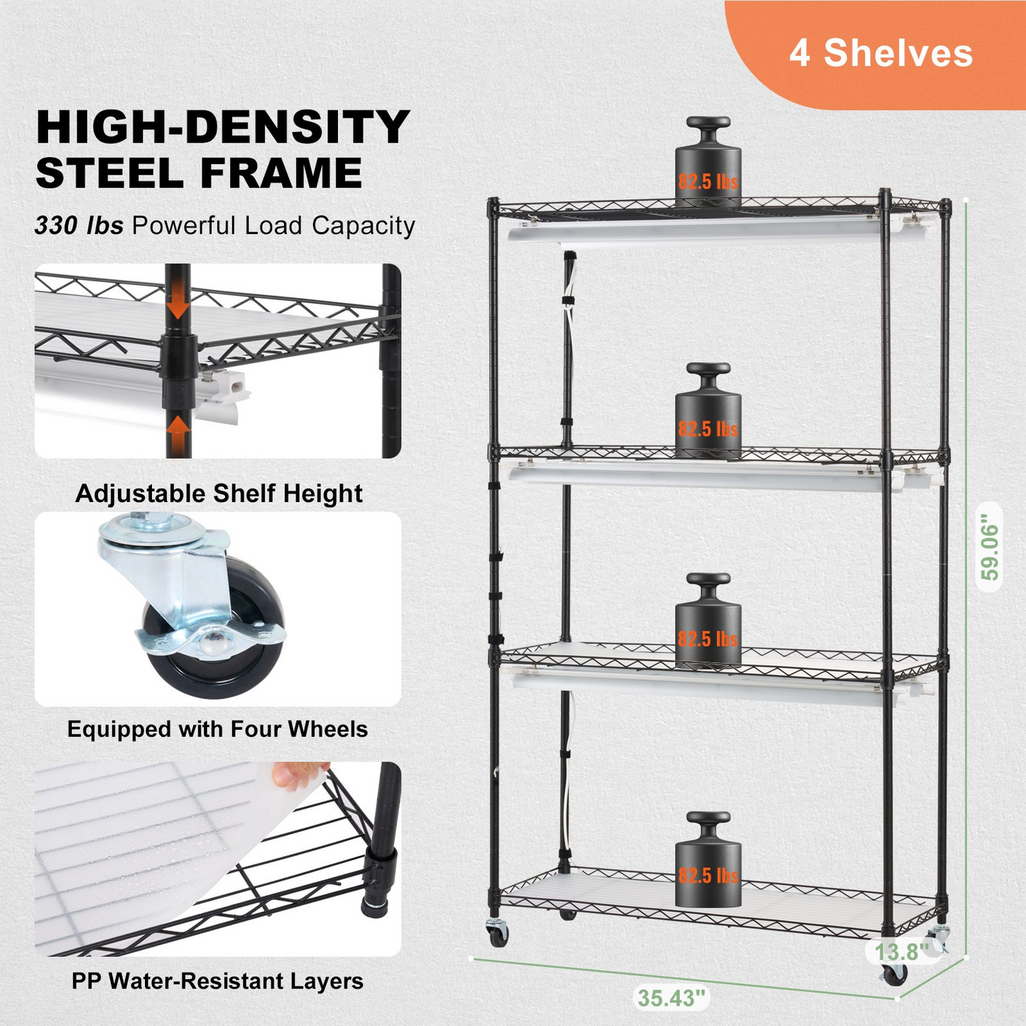 4-Tier Plant Stand with Grow Lights, 180W, 59.1" Tall Indoor Plant Grow Shelf with Mechanical Timer, Iron Q235, Black, 330 lbs Capacity