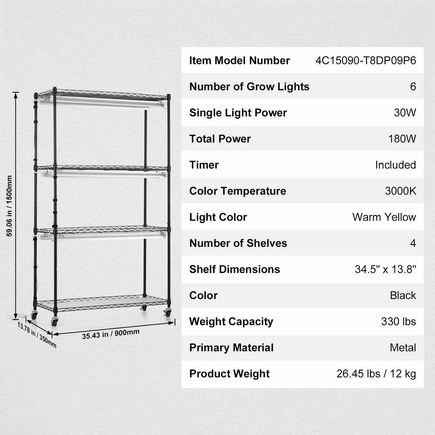 4-Tier Plant Stand with Grow Lights, 180W, 59.1" Tall Indoor Plant Grow Shelf with Mechanical Timer, Iron Q235, Black, 330 lbs Capacity