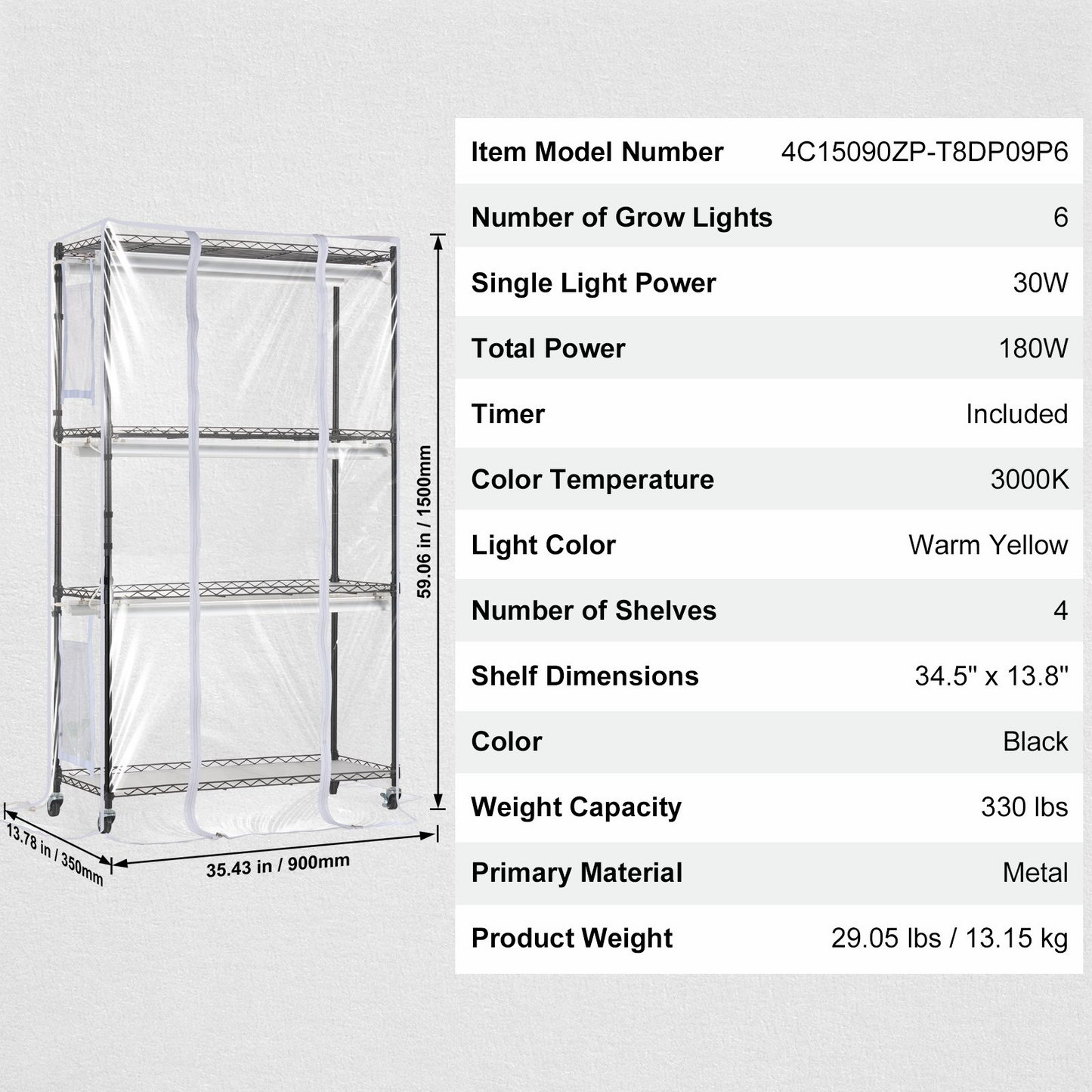 4-Tier Plant Stand with 180W Grow Lights - 59.1" Tall Indoor Plant Grow Shelf with Mechanical Timer, Sturdy Iron Q235 Structure, Black