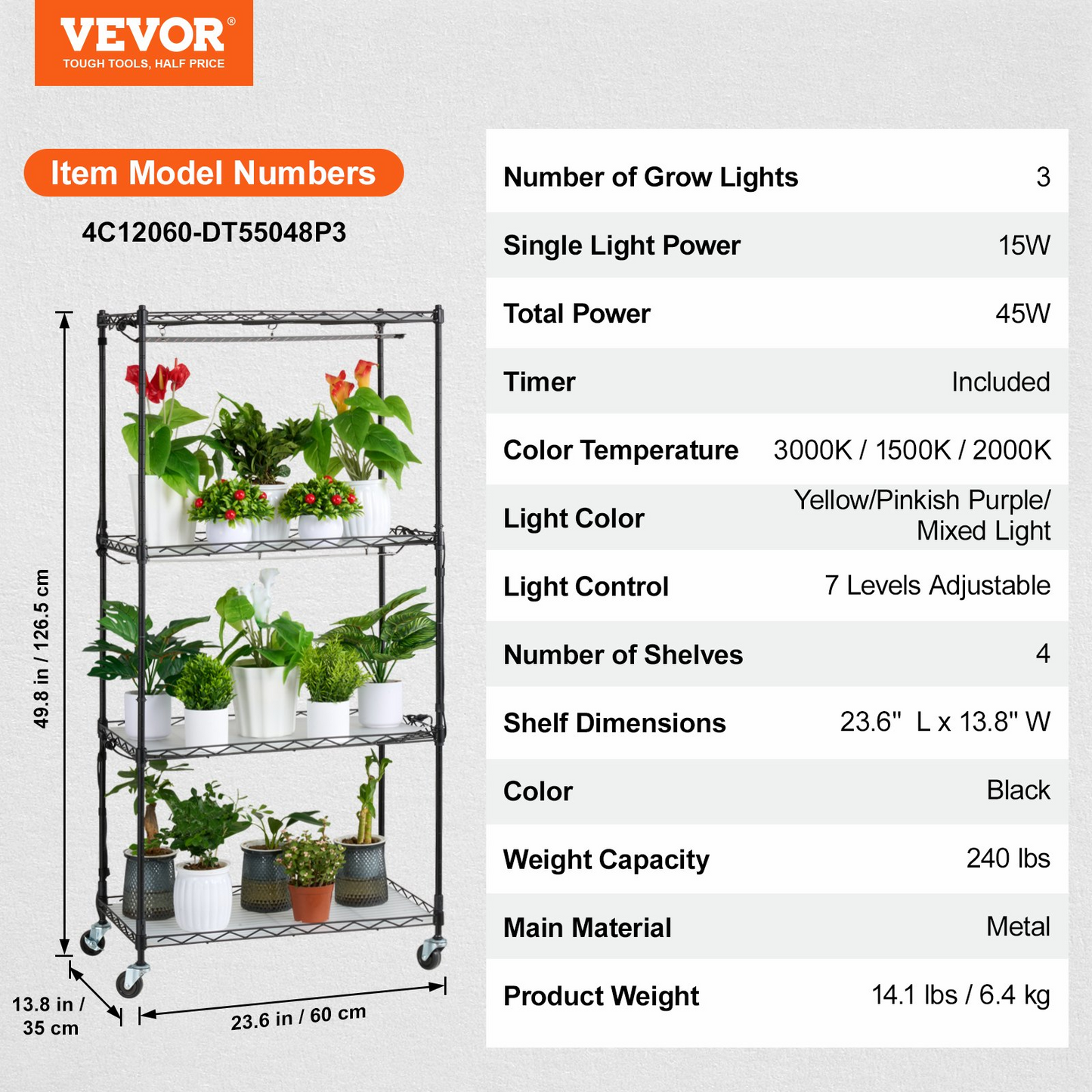 VEVOR 4-Tier Plant Stand with 45W Grow Lights | 49.8" Tall Indoor Plant Grow Shelf with Electronic Timer and Iron Frame - Ideal for Home Gardening