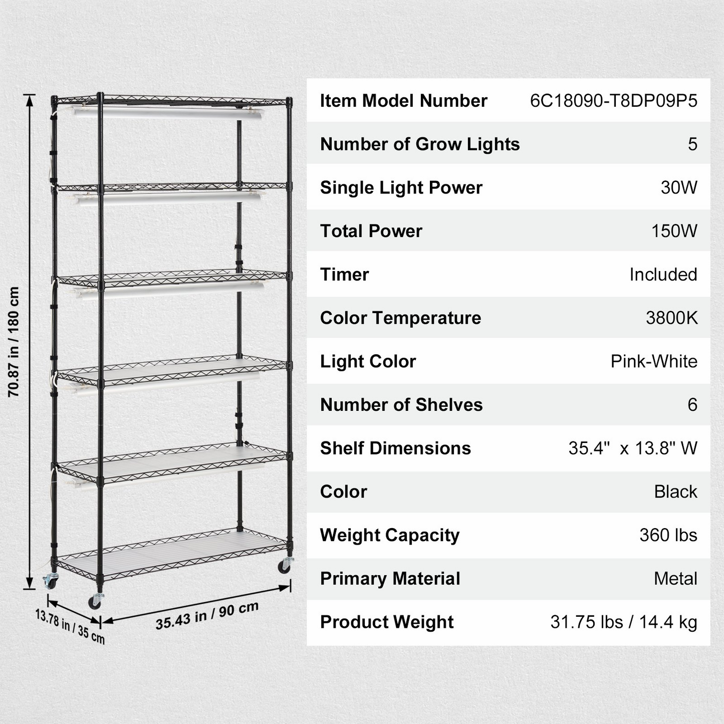 VEVOR 6-Tier Plant Stand with Grow Light, 180W, 70.9" Indoor Plant Grow Shelf